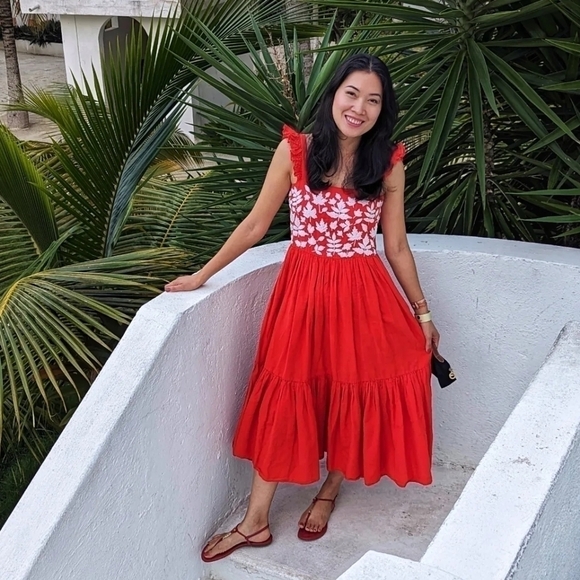 Carolina K Kuna Embroidered A-Line Midi Dress Red Sz Small resort cottagecore - Picture 1 of 13